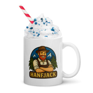 Weiße, glänzende Tasse - Hanfjack Logo
